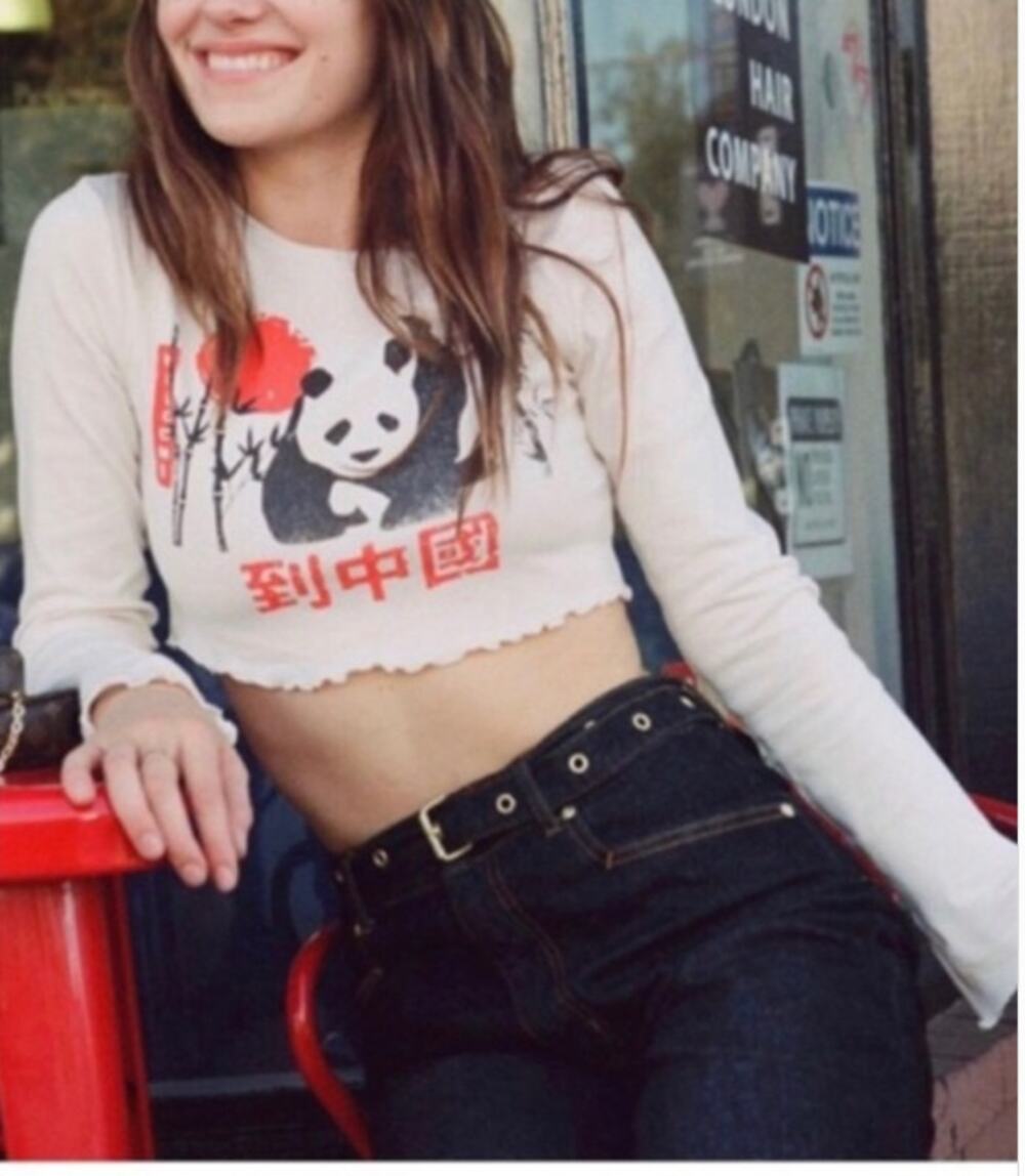 Urban Outfitters UO Panda Print Crop Top Long Sleeve T Tee Shirt XS